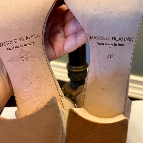 EUC Manolo Blahnik Lauratomod Velukid Block Heel Sandals Tan Rusty Red 38 or 8 - Picture 9 of 10